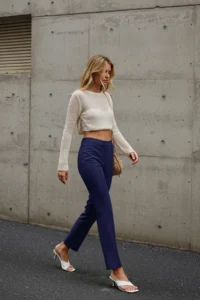 TRENDYOLMİLLA Navy Blue Straight/Plain Cut High Waist Ribbed Stitched Weaving Pants - Image 3