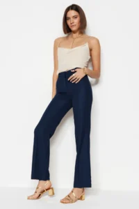 TRENDYOLMİLLA Navy Blue Straight/Plain Cut High Waist Ribbed Stitched Weaving Pants - Image 4
