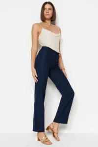 TRENDYOLMİLLA Navy Blue Straight/Plain Cut High Waist Ribbed Stitched Weaving Pants - Image 5