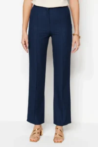 TRENDYOLMİLLA Navy Blue Straight/Plain Cut High Waist Ribbed Stitched Weaving Pants - Image 6