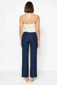 TRENDYOLMİLLA Navy Blue Straight/Plain Cut High Waist Ribbed Stitched Weaving Pants - Image 7