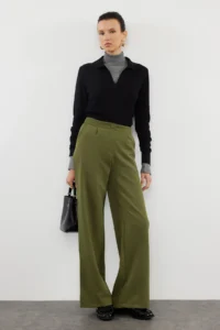 TRENDYOLMİLLA Khaki Wide Leg/Wide Leg Pilili Weaving Dress Pants