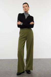 TRENDYOLMİLLA Khaki Wide Leg/Wide Leg Pilili Weaving Dress Pants - Image 2