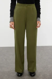TRENDYOLMİLLA Khaki Wide Leg/Wide Leg Pilili Weaving Dress Pants - Image 3
