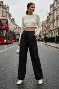 TRENDYOLMİLLA Black Cargo Wide Leg Weaving Pants with Contrast Stitching Detail