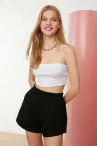 TRENDYOLMiLLA Black Regular/Normal Pattern High Waist Short Flexible Knitting Shorts