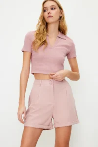 TRENDYOLMiLLA Powder Pink Regular Pattern Weaving Shorts - Image 3
