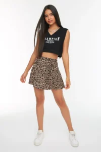 TRENDYOLMiLLA Camel Leopard Patterned Skirt Look High Waist Mini Knitting Shorts