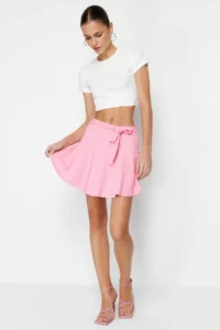 TRENDYOLMİLLA Pink Plain High Waist Mini Ruffled Skirt Knitting Shorts Skirt