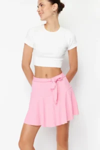 TRENDYOLMİLLA Pink Plain High Waist Mini Ruffled Skirt Knitting Shorts Skirt - Image 2