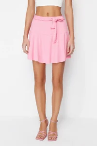TRENDYOLMİLLA Pink Plain High Waist Mini Ruffled Skirt Knitting Shorts Skirt - Image 3