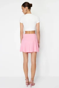 TRENDYOLMİLLA Pink Plain High Waist Mini Ruffled Skirt Knitting Shorts Skirt - Image 5