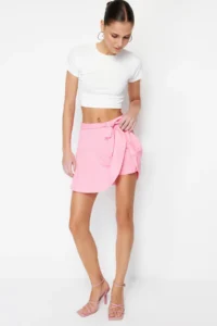 TRENDYOLMİLLA Pink Plain High Waist Mini Ruffled Skirt Knitting Shorts Skirt - Image 6