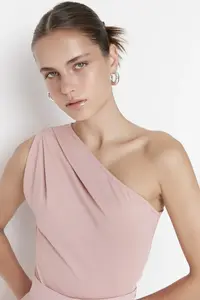 TRENDYOLMİLLA Dusty Rose Asymmetric Collar Bottom snaps Flexible Knitting Bodysuit .D.00014 - Image 2