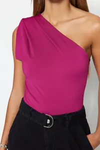 TRENDYOLMİLLA Fuchsia Asymmetric Collar Bottom snaps Flexible Knitting Bodysuit .D.00014 - Image 3