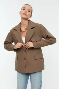 TRENDYOLMİLLA Mink Oversized Lined Double breasted Kapama Weaving Blazer Jacket - Image 3