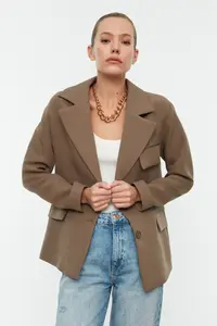 TRENDYOLMİLLA Mink Oversized Lined Double breasted Kapama Weaving Blazer Jacket - Image 5
