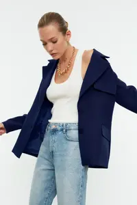 TRENDYOLMİLLA Navy Blue Oversized Lined Weaving Blazer Jacket - Image 2