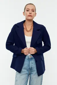 TRENDYOLMİLLA Navy Blue Oversized Lined Weaving Blazer Jacket - Image 3
