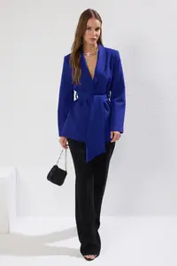 TRENDYOLMİLLA Indigo Regular tied up Weaving Blazer Jacket