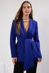 TRENDYOLMİLLA Indigo Regular tied up Weaving Blazer Jacket - Image 2