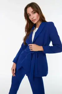TRENDYOLMİLLA Indigo Regular tied up Weaving Blazer Jacket - Image 6