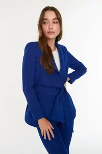 TRENDYOLMİLLA Indigo Regular tied up Weaving Blazer Jacket - Image 7