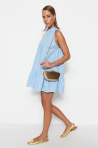 TRENDYOLMİLLA Mavi Rahat Kesim Sleeveless Mini Weaving Dress - Image 2