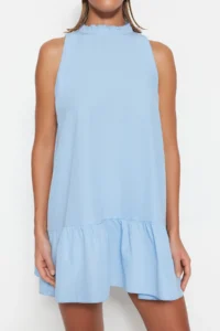 TRENDYOLMİLLA Mavi Rahat Kesim Sleeveless Mini Weaving Dress - Image 4