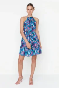 TRENDYOLMİLLA Mavi Floral Barbell Collar A Cut Binding Detailed Mini Weaving Dress - Image 2