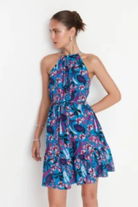 TRENDYOLMİLLA Mavi Floral Barbell Collar A Cut Binding Detailed Mini Weaving Dress - Image 3