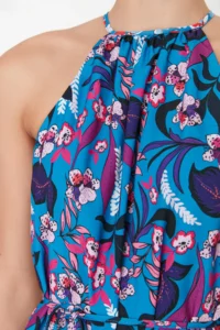 TRENDYOLMİLLA Mavi Floral Barbell Collar A Cut Binding Detailed Mini Weaving Dress - Image 4