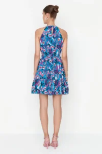 TRENDYOLMİLLA Mavi Floral Barbell Collar A Cut Binding Detailed Mini Weaving Dress - Image 5