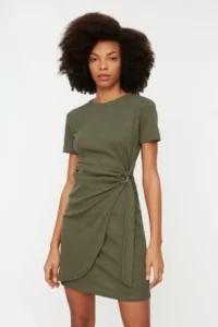TRENDYOLMİLLA Khaki Binding Detailed Crew Neck Knitwear look Mini Knitting Dress - Image 2
