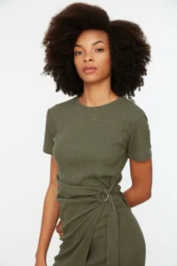 TRENDYOLMİLLA Khaki Binding Detailed Crew Neck Knitwear look Mini Knitting Dress - Image 3