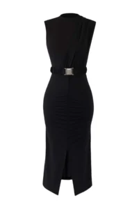 TRENDYOLMİLLA Black Fitted/ Body-Fitting Sleeveless Drape Detailed Arched Midi Flexible Knitting Pen Dress - Image 6
