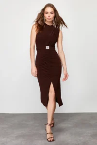TRENDYOLMİLLA Dark Brown Body-Fitting Drape Detailed Arched Midi Flexible Knitting Pen Dress - Image 2