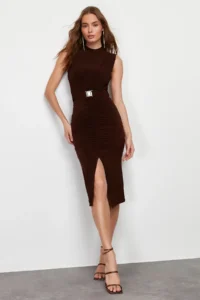 TRENDYOLMİLLA Dark Brown Body-Fitting Drape Detailed Arched Midi Flexible Knitting Pen Dress - Image 3