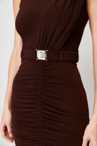 TRENDYOLMİLLA Dark Brown Body-Fitting Drape Detailed Arched Midi Flexible Knitting Pen Dress - Image 5