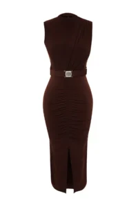 TRENDYOLMİLLA Dark Brown Body-Fitting Drape Detailed Arched Midi Flexible Knitting Pen Dress - Image 7