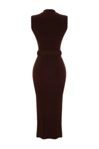 TRENDYOLMİLLA Dark Brown Body-Fitting Drape Detailed Arched Midi Flexible Knitting Pen Dress - Image 8