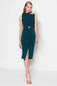 TRENDYOLMİLLA Emerald Green Body-Fitting Sleeveless Drape Detailed Arched Midi Flexible Knitting Pen Dress