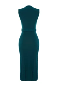 TRENDYOLMİLLA Emerald Green Body-Fitting Sleeveless Drape Detailed Arched Midi Flexible Knitting Pen Dress - Image 8