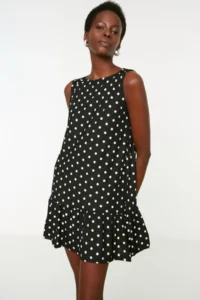 TRENDYOLMİLLA Black Polka Dot Printed Zero Sleeve with flywheel shift/Plain Mini Flexible Knitting Dress - Image 2