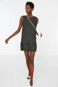 TRENDYOLMİLLA Black Polka Dot Printed Zero Sleeve with flywheel shift/Plain Mini Flexible Knitting Dress - Image 5