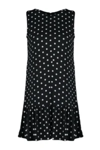 TRENDYOLMİLLA Black Polka Dot Printed Zero Sleeve with flywheel shift/Plain Mini Flexible Knitting Dress - Image 6