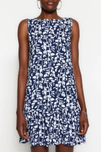 TRENDYOLMİLLA Indigo Floral Printed Zero Sleeve with flywheel shift/Plain Mini Flexible Knitting Dress - Image 4