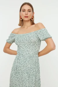 TRENDYOLMİLLA Mint Crispy Floral Carmen Collar Ribbed Knitting Dress - Image 3