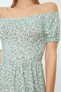 TRENDYOLMİLLA Mint Crispy Floral Carmen Collar Ribbed Knitting Dress - Image 4