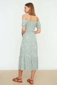 TRENDYOLMİLLA Mint Crispy Floral Carmen Collar Ribbed Knitting Dress - Image 5